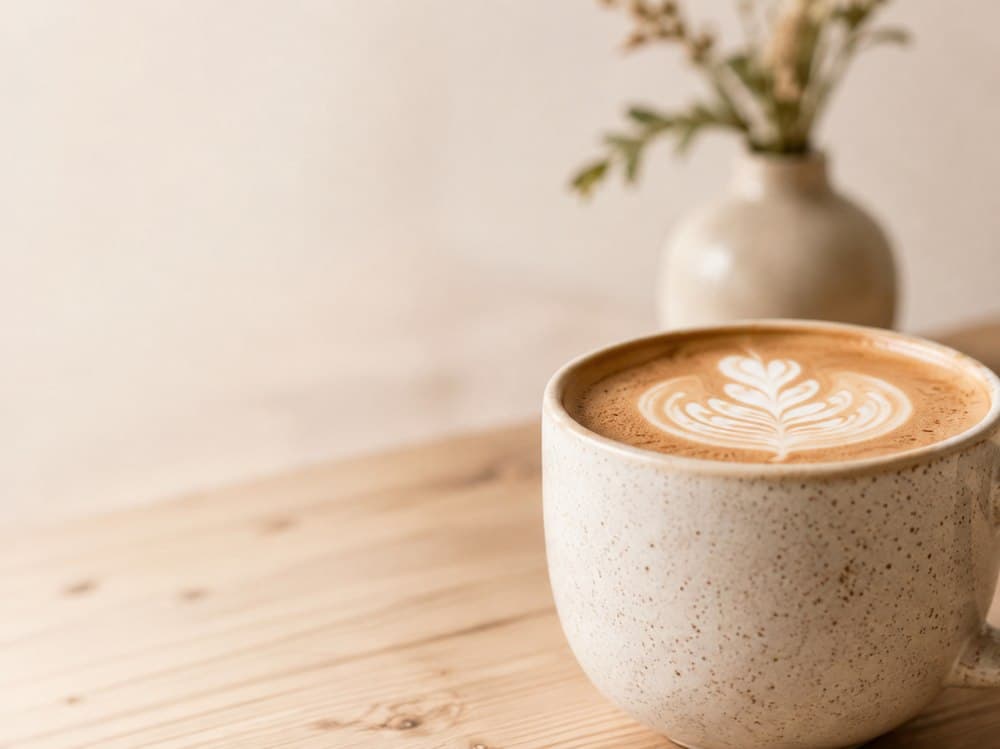 Freshly poured latte with a flower vase