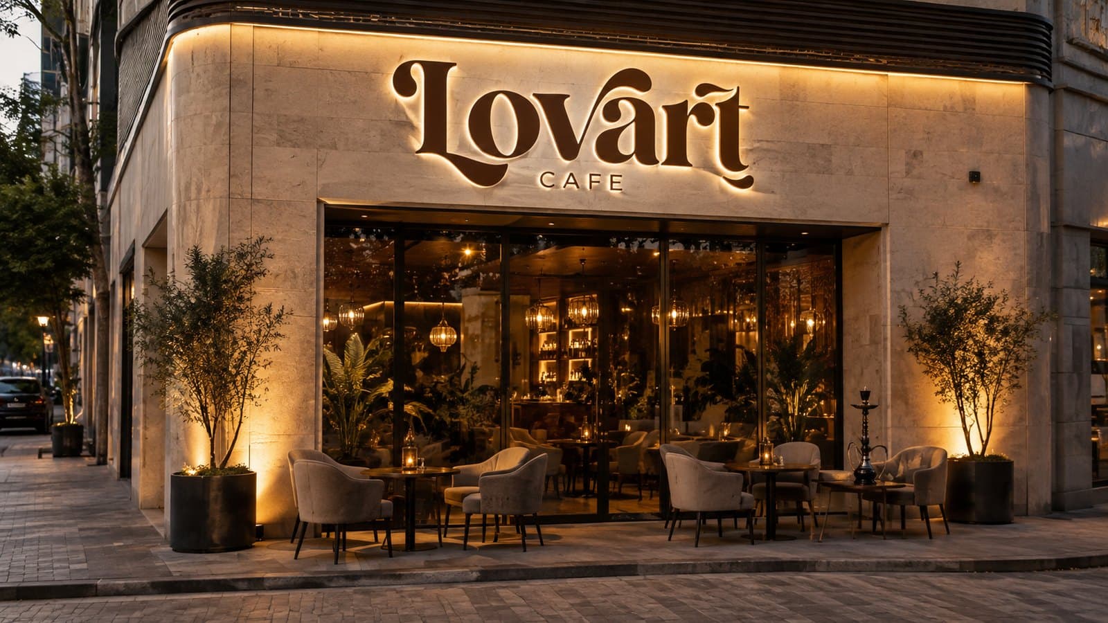 Lovart CAFE storefront in the evening